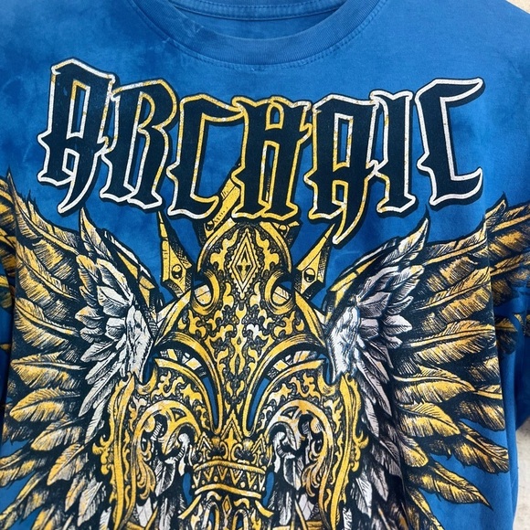 Affliction Archaic Blue Graphic T-Shirt Sz L Front and Back Graphics Excellent - Picture 2 of 11